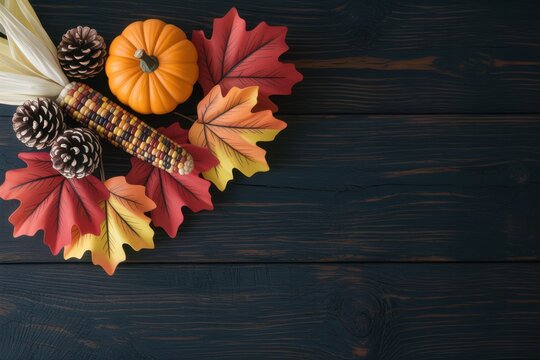 Top view of a decorative autumn arrangement with pumpkin pine cones and colorful fall leaves on dark wooden background