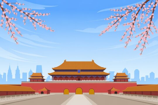 A beautiful illustration of the forbidden city in beijing during spring with blooming cherry blossom trees in foreground