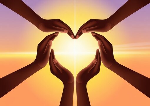 Group of people forming a heart shape with their hands against a beautiful golden sunset background