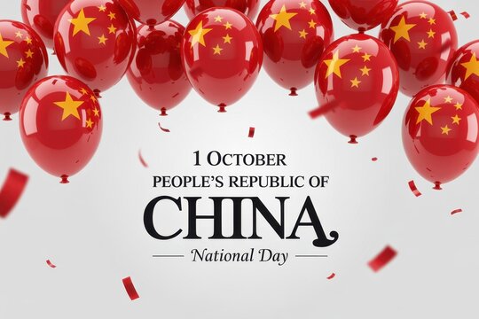 Celebratory background for china national day with red balloons featuring the chinese flag and festive confetti falling down