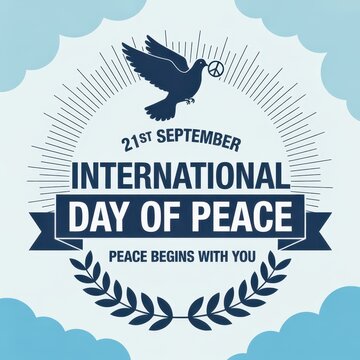 International day of peace poster design with a flying dove holding an olive branch and laurel wreath emblem