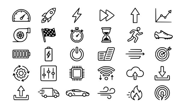 Premium speed, fast, performance, velocity and quick line icons set