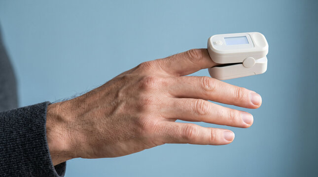Rehabilitation. Man Checking Oxygen with Pulse Oximeter