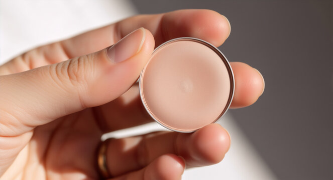 Hand holding a round compact makeup product. Beige foundation or concealer for beauty and skin tone