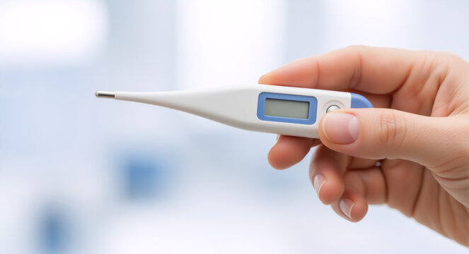 Hand holding a digital medical thermometer for measuring body temperature. Healthcare and medicine concept for fever or illness
