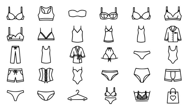 Premium bra, underwear, lingerie, sleepwear and women's clothing line icons set