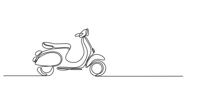 Animated self drawing of  Classic scooter. Continuous one line art classical scooter motorcycle animation. Vintage Asian under bone motorbike logo. Retro transportation concept, 4K hd