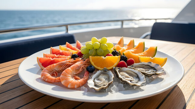 Seafood platter with shrimp, oysters, and fresh fruit on a yacht table overlooking the sea, presenting gourmet dining and luxury vacation indulgence