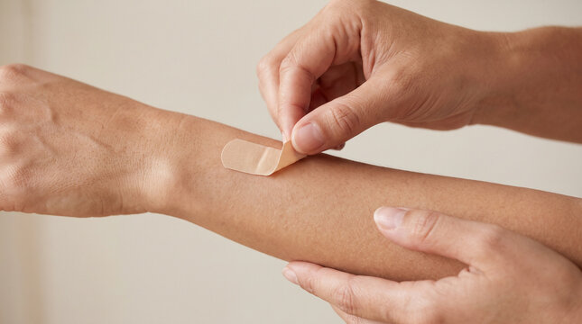 Rehabilitation. Woman Removing Bandage for Wound Care