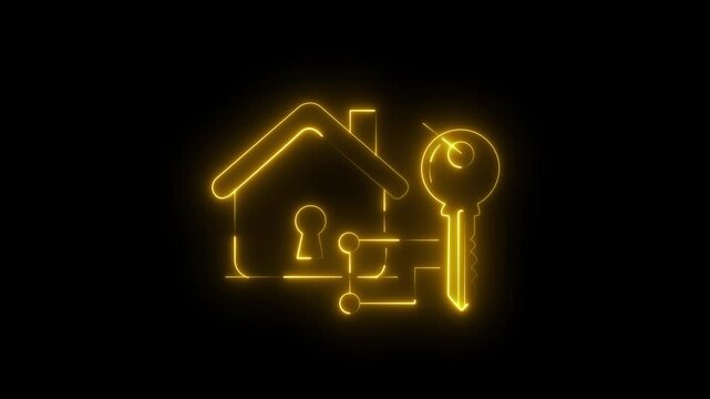 Futuristic Blue Neon Smart Home Security Icon Animation with Digital House, Key and Connected Access System on Black Background, Glowing Cyber Technology 4K Loop Motion Graphics..