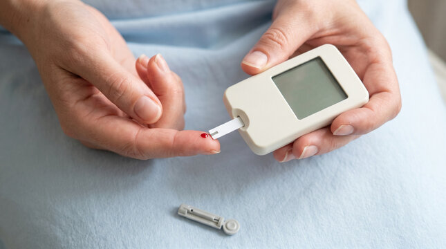 Rehabilitation. Woman Using Glucometer for Blood Sugar Monitoring