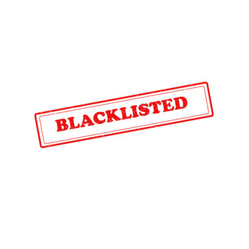 Blacklisted red rubber stamp icon, grunge rectangular blacklist seal on white background, rejected and banned status symbol for documents