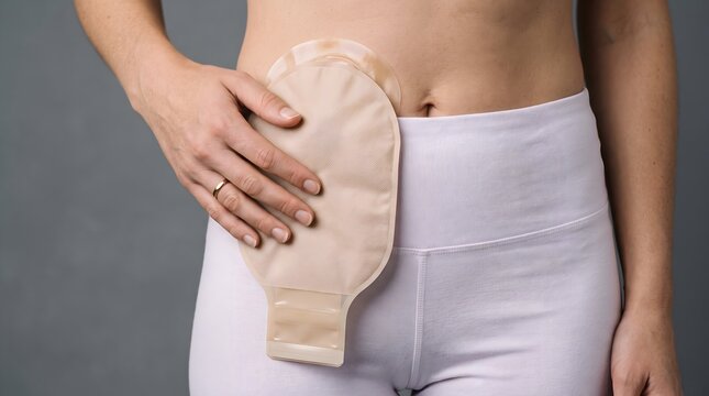Professional close up of a woman with a colostomy bag attached to her abdomen for stoma care management and recovery medical lifestyle concept