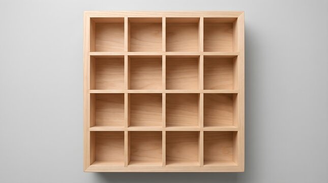 Empty wooden shelf with sixteen square compartments on a clean wall for home organization and minimalist interior design creative art design concept