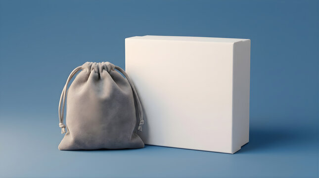 Gray Suede Pouch and White Box on a Solid Blue Background Minimalist Product Display with Soft Lighting and Subtle Shadows