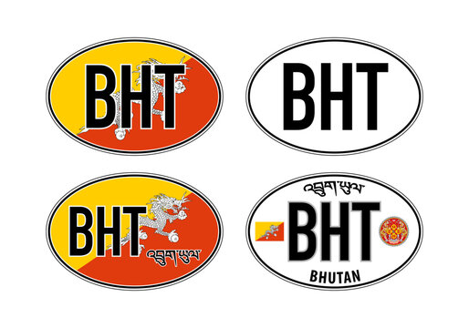 Bhutan, oval international vehicle registration code license plate car sticker, vector illustration