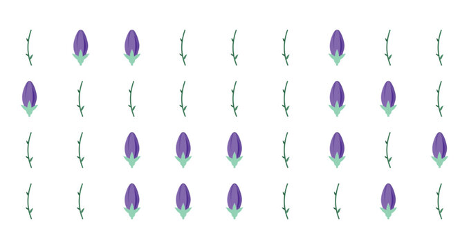 purple crocus flowers and green leaves pattern with isolated floral design on white background