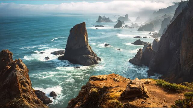 Coastal landscape featuring rugged cliffs and sea stacks along the shoreline, with waves crashing against rocks under a cloudy sky in a serene natural setting