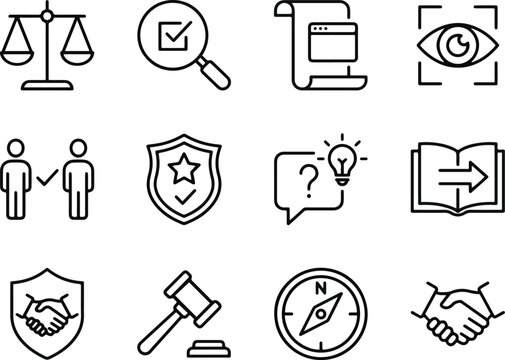 Corporate ethics and compliance line icons set. Legal justice and business integrity symbols. 12 vector outline icons for law, honesty, and governance.