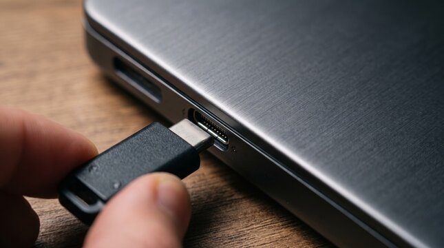 Close up of a hand inserting a USB C connector into a modern laptop port for data transfer or charging