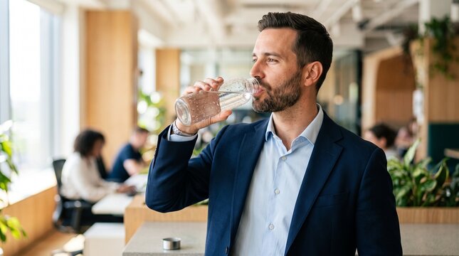Man in Suit Drinks Water from Bottle in Modern Office Environment with Blurred Colleagues in Background