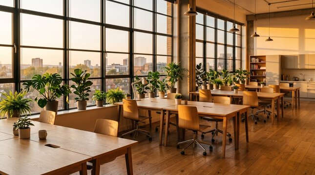 Modern Co-working Space with Large Windows and City View at Sunset