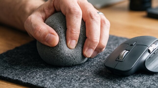 Person holding a textured stress relief ball next to a computer mouse on a desk