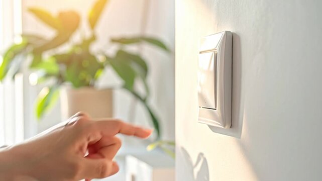 Close-up of a hand pressing a white light switch on a wall to turn on or off electricity in a modern home.