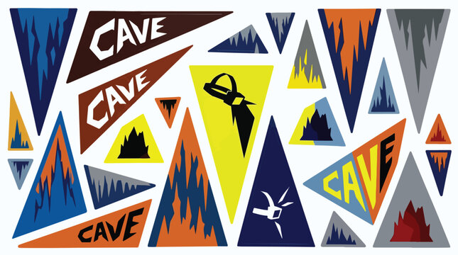 Cave exploration vector stickers and pennants, colorful stalactite and stalagmite icons, spelunking adventure graphic elements set
