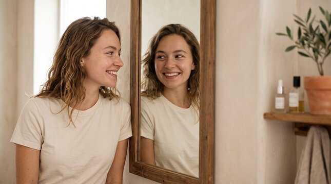 Young Woman Smiling Looking in Mirror Reflecting Her Joyful Expression and Natural Beauty
