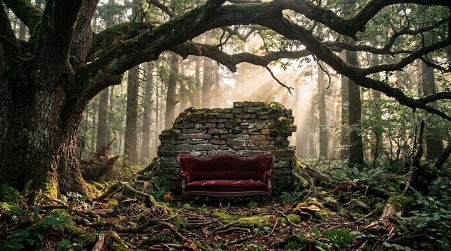 Vintage red velvet sofa stands before a mossy stone ruin in a sunlit forest. Large tree roots and ferns surround the surreal outdoor scene.