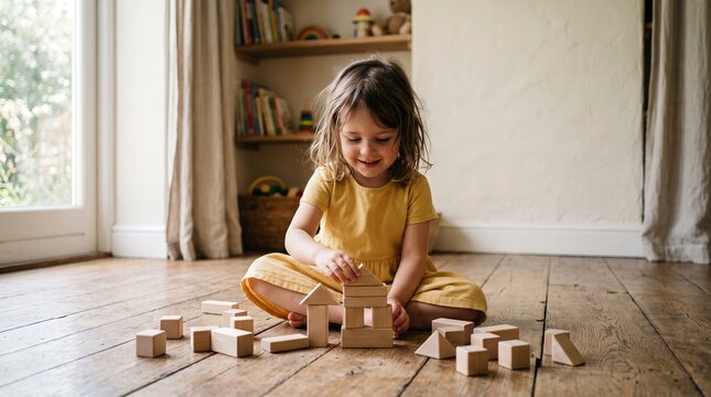 Young girl happily building with wooden blocks on a rustic wooden floor in a bright room