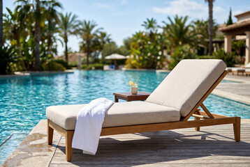 Fototapeta premium Comfortable poolside lounge chair with towel and cocktail on a wooden deck for resort relaxation and summer background