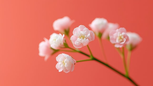 Single baby's breath branch with tiny pink flowers. Minimal botanical floral flat lay on coral background