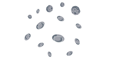 floating grey asteroids with craters round irregular shapes on white background isolated space objects © Fendik eps