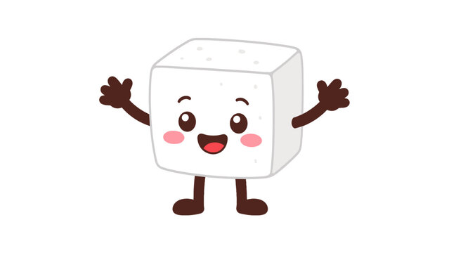 Cute smiling sugar cube cartoon character with raised arms