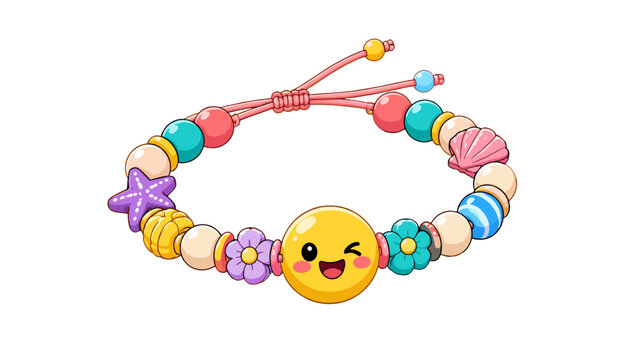 Colorful beaded bracelet with smiling face charm illustration