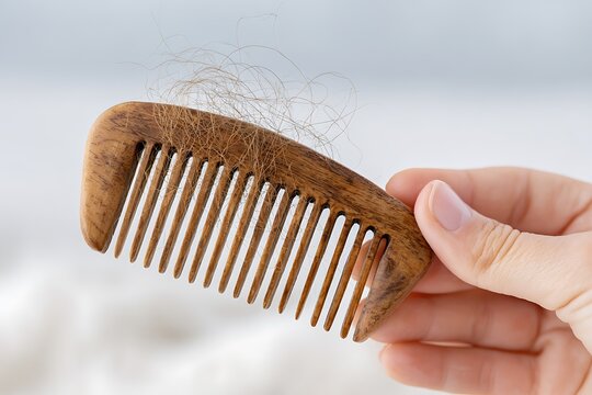 Hand holding a wooden comb with fallen hair, symbolizing hair loss and thinning.