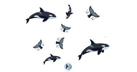 group of black and white killer whales jumping and swimming in clear water flat design © Fendik eps