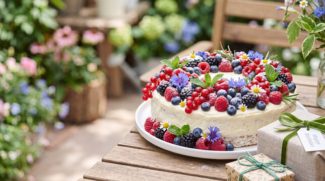 Summer berry layer cake with mixed berries and edible flowers on wooden picnic table for party dessert background and garden celebration display