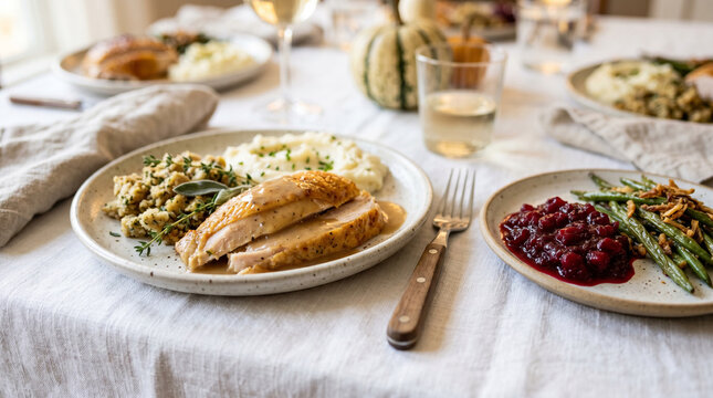 Thanksgiving roasted turkey plate with mashed potatoes stuffing and cranberry sauce for holiday table background and festive dinner banner