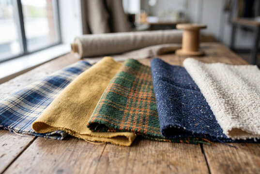 Textured woven fabric swatches in plaid and boucle styles on a rustic wooden table for textile design background and interior decor moodboard