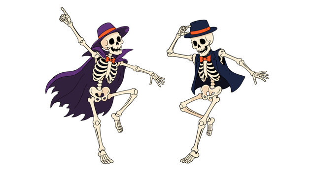 Two dancing skeleton characters in hats and capes on white