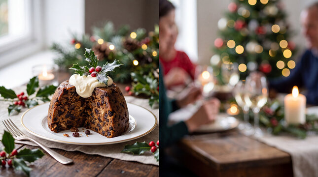 Traditional christmas pudding dessert with holly and cream on a rustic table for holiday menu and festive table background