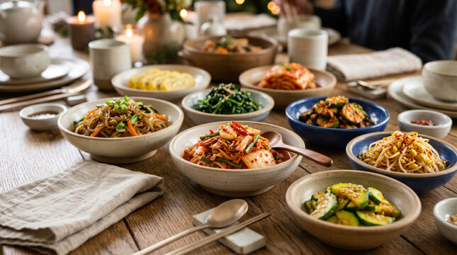 Traditional korean banchan spread of assorted side dishes on a wooden table for dinner table styling and communal cuisine presentation