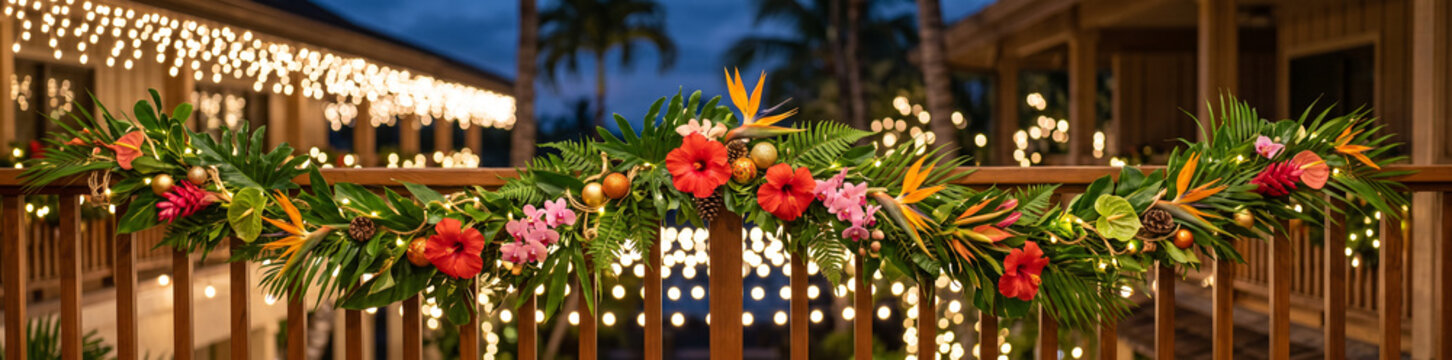 Tropical christmas garland with hibiscus and palm leaves on railing with string lights for holiday decoration banner and outdoor decor