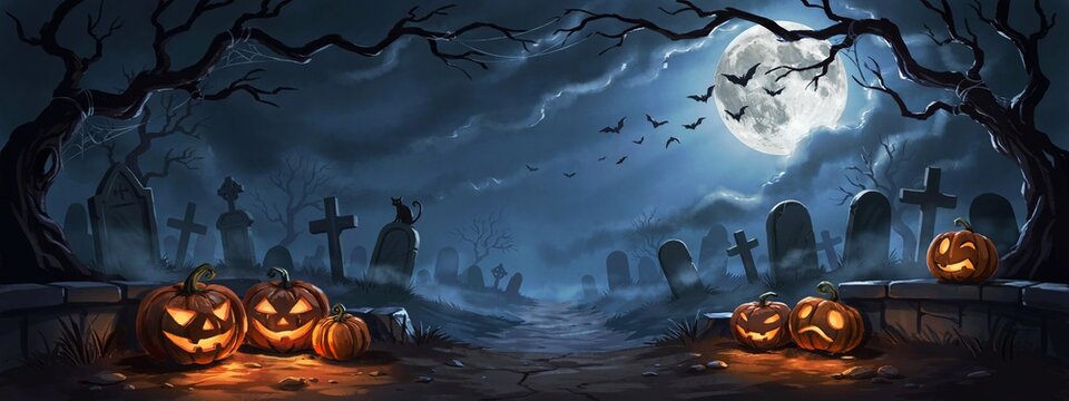 Spooky halloween background featuring a dark graveyard with glowing jack o lanterns under a full moon in the night sky