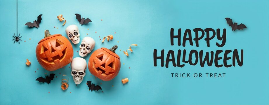 Festive happy halloween background featuring carved pumpkins skulls and black bats on a vibrant light blue flat lay surface design