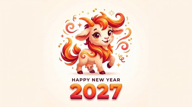 Cute cartoon goat with fiery mane for Happy New Year 2027. Chinese zodiac symbol. Festive greeting card design.
