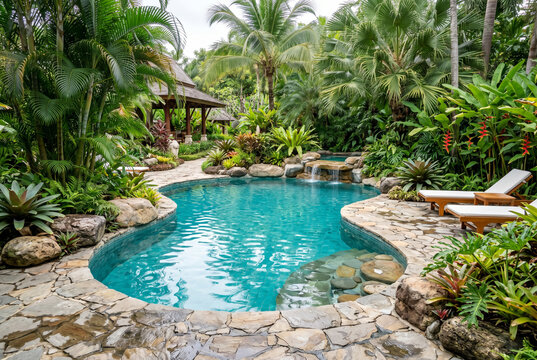 Tropical freeform stone swimming pool surrounded by dense palm foliage and lounge chairs for resort relaxation background and garden escape